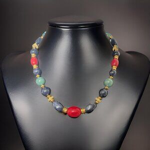 Vintage Lauren Conrad Multi Color Beaded Necklace Gold Tone Red Blue Green 19"